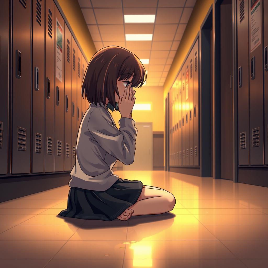 A school hallway scene depicting a girl sitting on the floor in profile, with medium length hair, crying while covering her face with her hands