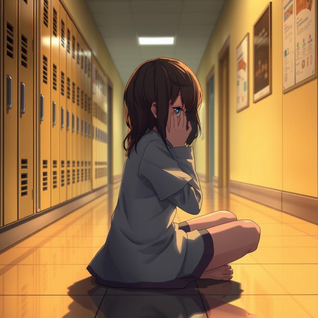 A school hallway scene depicting a girl sitting on the floor in profile, with medium length hair, crying while covering her face with her hands