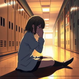 A school hallway scene depicting a girl sitting on the floor in profile, with medium length hair, crying while covering her face with her hands