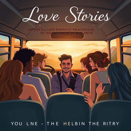 A contemporary romantic novel cover depicting the essence of multiple love stories narrated to a bus driver