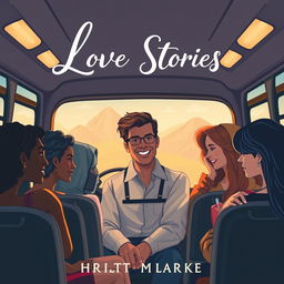 A contemporary romantic novel cover depicting the essence of multiple love stories narrated to a bus driver