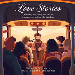 A contemporary romantic novel cover depicting the essence of multiple love stories narrated to a bus driver