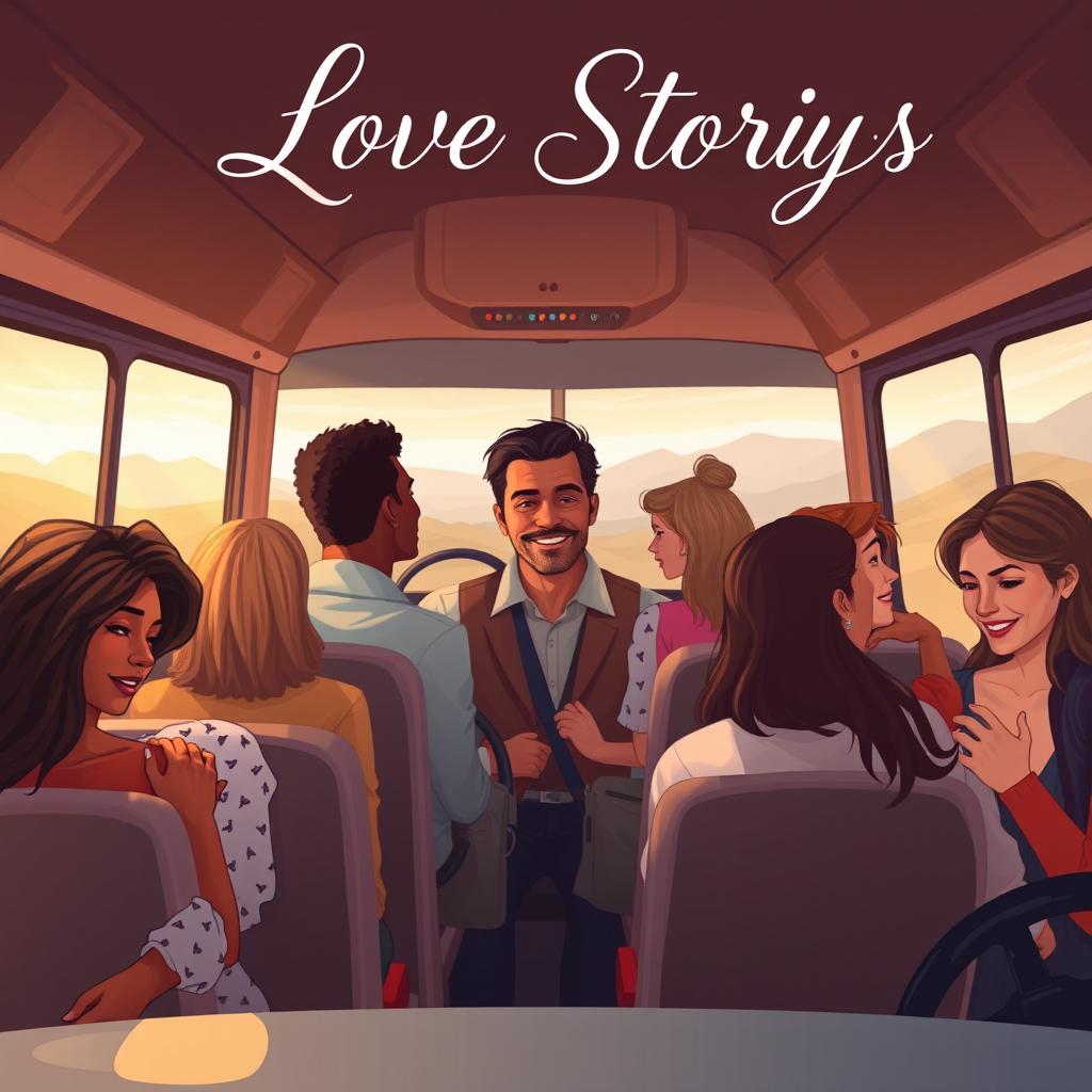 A contemporary romantic novel cover depicting the essence of multiple love stories narrated to a bus driver