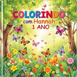 A charming children's book cover featuring a vibrant, enchanted forest filled with colorful butterflies fluttering around
