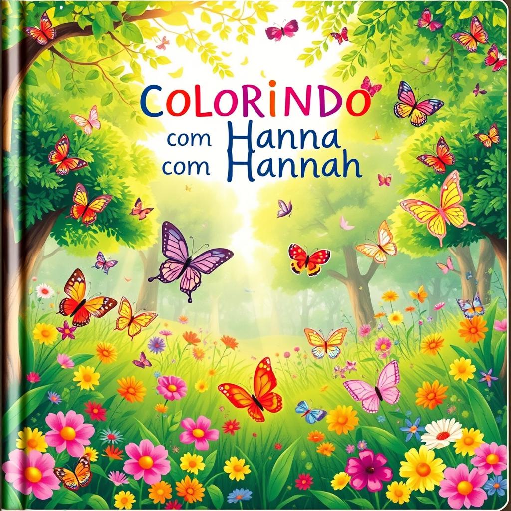 A charming children's book cover featuring a vibrant, enchanted forest filled with colorful butterflies fluttering around