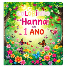 A charming children's book cover featuring a vibrant, enchanted forest filled with colorful butterflies fluttering around