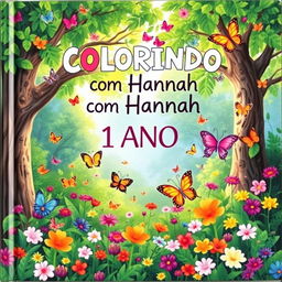 A charming children's book cover featuring a vibrant, enchanted forest filled with colorful butterflies fluttering around