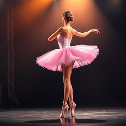 A graceful woman performing on stage in a stunning pink ballerina tutu that flares beautifully around her