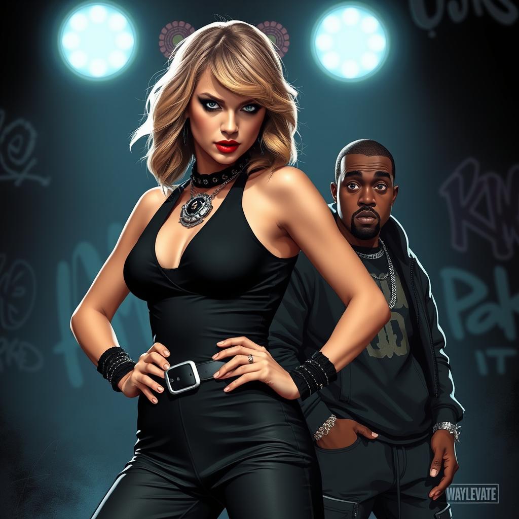 A dramatic and intense scene inspired by Taylor Swift's Reputation era, depicting her in a fierce stance, wearing her iconic black ensemble from this period, complete with bold accessories and striking makeup