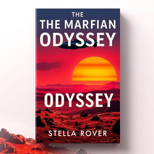 A dramatic book cover design for 'The Martian Odyssey' by Stella Rover, featuring a vibrant red planet landscape