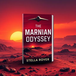 A dramatic book cover design for 'The Martian Odyssey' by Stella Rover, featuring a vibrant red planet landscape