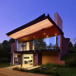 A modern two-story house where the second floor possesses a gleaming glass roof, with bricks forming the ground floor.