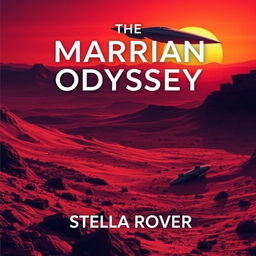 A dramatic book cover design for 'The Martian Odyssey' by Stella Rover, featuring a vibrant red planet landscape