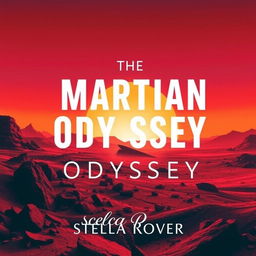 A dramatic book cover design for 'The Martian Odyssey' by Stella Rover, featuring a vibrant red planet landscape