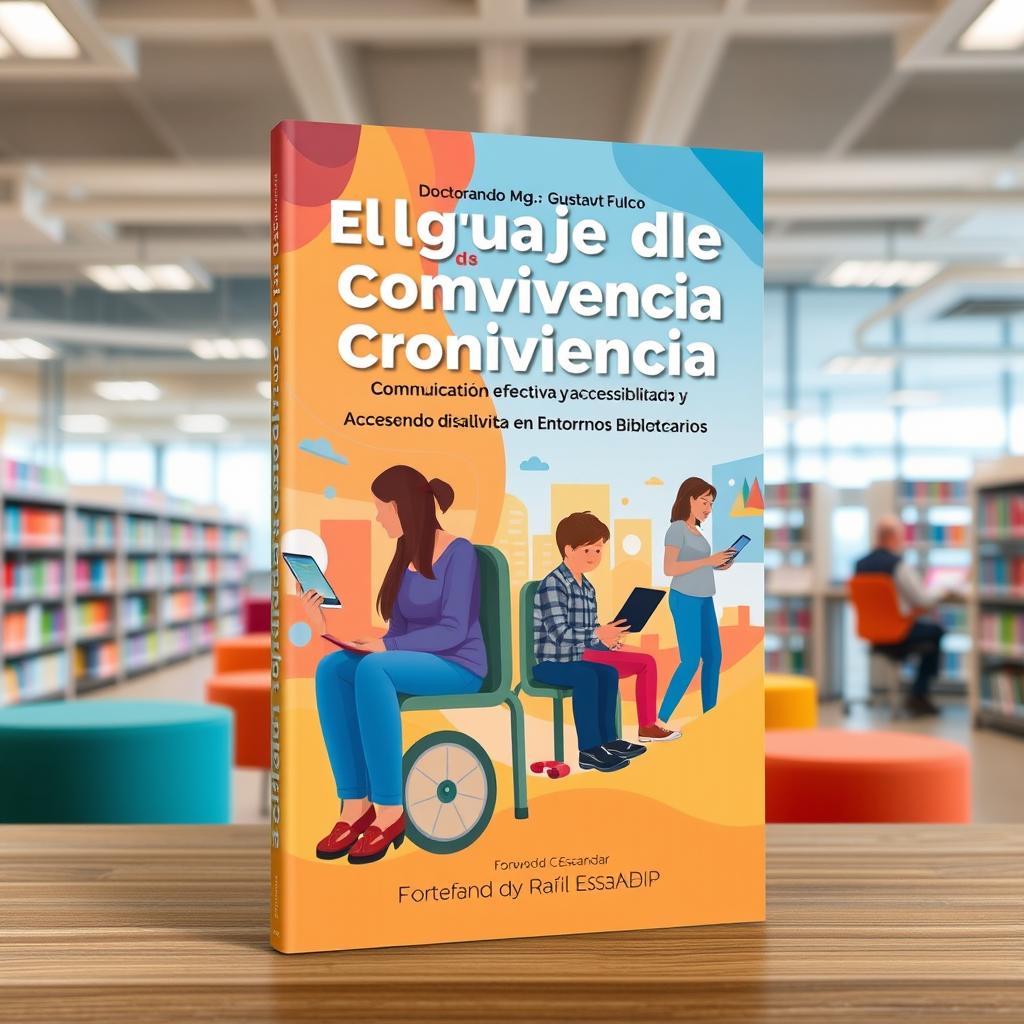 A dynamic book cover design for 'El Lenguaje de la Convivencia: Comunicación Efectiva y Accesibilidad en Entornos Bibliotecarios'