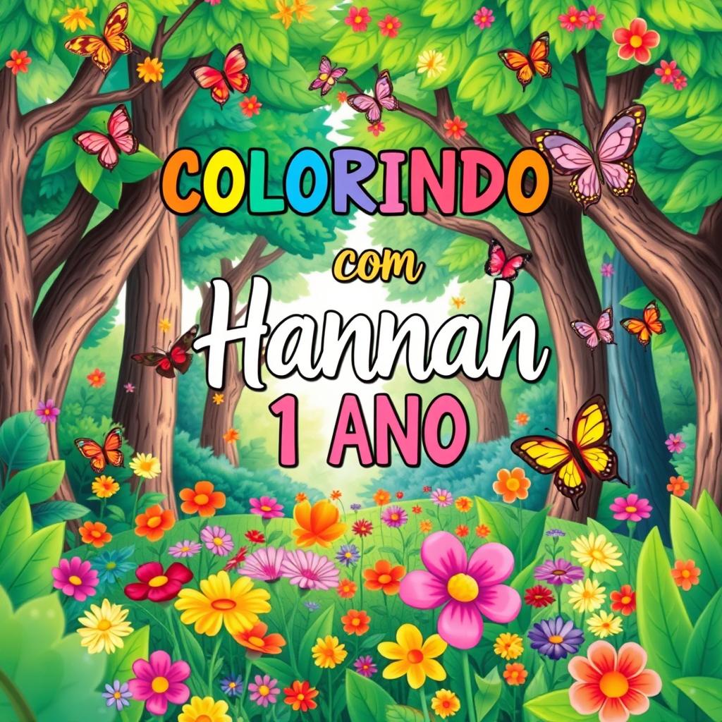 A high-quality children's book cover featuring a vibrant forest scene filled with colorful butterflies