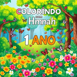 A high-quality children's book cover featuring a vibrant forest scene filled with colorful butterflies