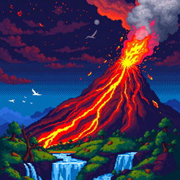 A vibrant pixel art depiction of a volcano erupting, showcasing bright red and orange lava flowing down its sides, contrasting with a night sky filled with fiery embers and ash