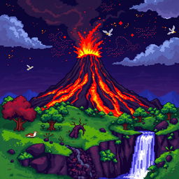 A vibrant pixel art depiction of a volcano erupting, showcasing bright red and orange lava flowing down its sides, contrasting with a night sky filled with fiery embers and ash