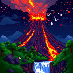 A vibrant pixel art depiction of a volcano erupting, showcasing bright red and orange lava flowing down its sides, contrasting with a night sky filled with fiery embers and ash