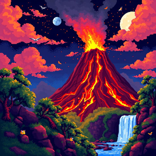 A vibrant pixel art depiction of a volcano erupting, showcasing bright red and orange lava flowing down its sides, contrasting with a night sky filled with fiery embers and ash