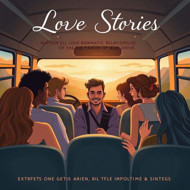 A contemporary romantic novel cover featuring a diverse group of six people sitting on a bus, engaging in heartfelt conversations with a cheerful bus driver