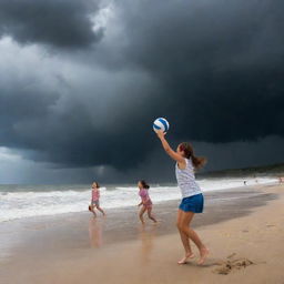 Children joyfully playing volleyball on a beach with dark storm clouds, hurricane swirls and fierce winds in the backdrop, while maintaining a sense of excitement and bravery despite the looming natural threat.