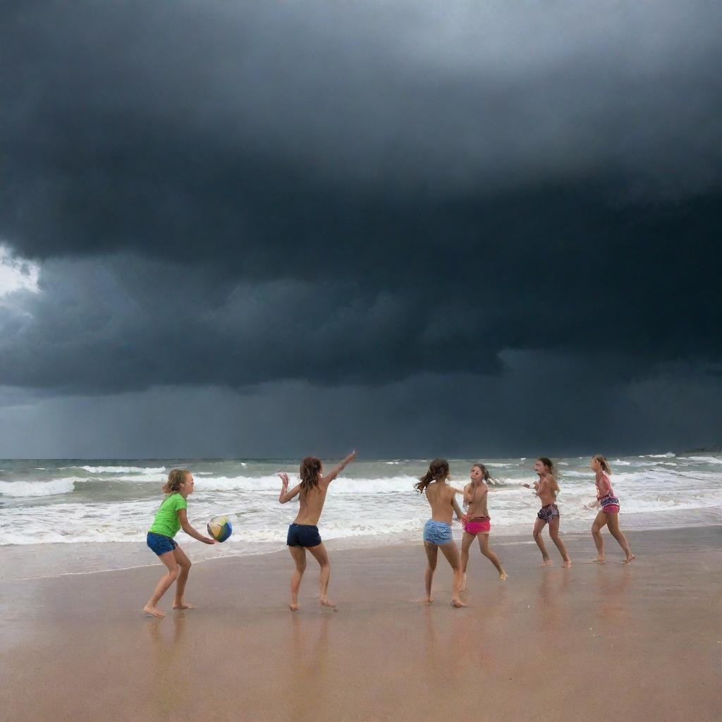 Children joyfully playing volleyball on a beach with dark storm clouds, hurricane swirls and fierce winds in the backdrop, while maintaining a sense of excitement and bravery despite the looming natural threat.