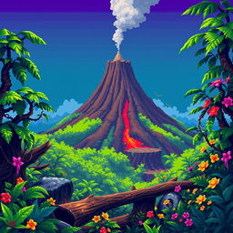 A vibrant pixel art scene featuring a conical volcano in the background, with a smoky peak surrounded by lush green vegetation