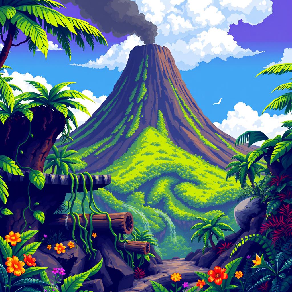 A vibrant pixel art scene featuring a conical volcano in the background, with a smoky peak surrounded by lush green vegetation