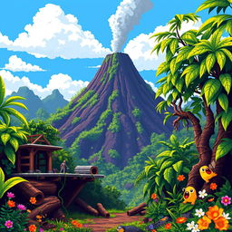 A vibrant pixel art scene featuring a conical volcano in the background, with a smoky peak surrounded by lush green vegetation