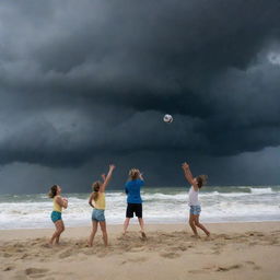 Children joyfully playing volleyball on a beach with dark storm clouds, hurricane swirls and fierce winds in the backdrop, while maintaining a sense of excitement and bravery despite the looming natural threat.