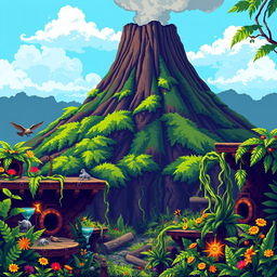 A vibrant pixel art scene featuring a conical volcano in the background, with a smoky peak surrounded by lush green vegetation