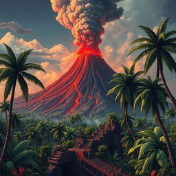 A smoking volcano rises in the background, with red lava flowing down its slopes and dark ash clouds in the air