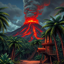 A smoking volcano rises in the background, with red lava flowing down its slopes and dark ash clouds in the air