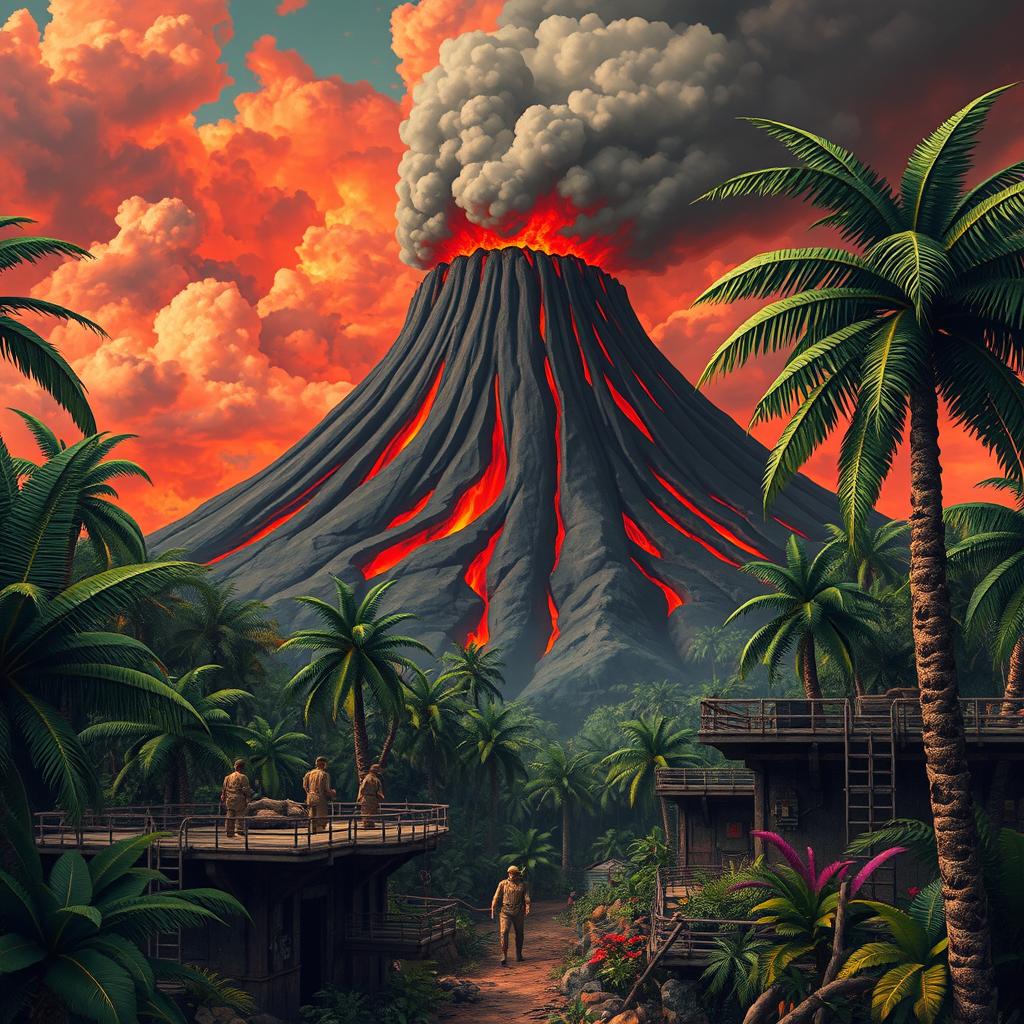 A smoking volcano rises in the background, with red lava flowing down its slopes and dark ash clouds in the air