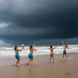 Children joyfully playing volleyball on a beach with dark storm clouds, hurricane swirls and fierce winds in the backdrop, while maintaining a sense of excitement and bravery despite the looming natural threat.