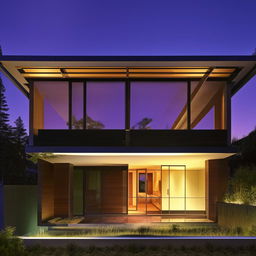 A modern two-story house where the second floor possesses a gleaming glass roof, with bricks forming the ground floor.