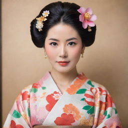 A traditional Japanese woman dressed in an exquisite, colorful kimono adorned with intricate floral patterns. The woman has youthful features, with almond-shaped eyes, soft black hair styled in a chignon, radiating a sense of serenity and elegance.