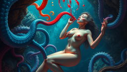 A mesmerizing and surreal artwork depicting a beautiful naked woman in an underwater cave, captured by colorful tentacles