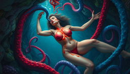 A mesmerizing and surreal artwork depicting a beautiful naked woman in an underwater cave, captured by colorful tentacles