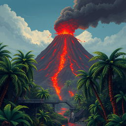 A smoking volcano rises in the background, with red lava flowing down its slopes and dark ash clouds in the air