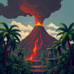 A smoking volcano rises in the background, with red lava flowing down its slopes and dark ash clouds in the air