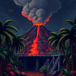 A smoking volcano rises in the background, with red lava flowing down its slopes and dark ash clouds in the air