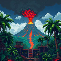 A smoking volcano rises in the background, with red lava flowing down its slopes and dark ash clouds in the air