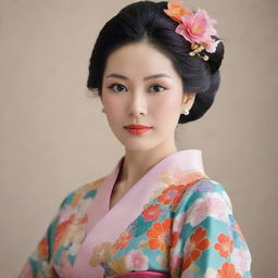 A traditional Japanese woman dressed in an exquisite, colorful kimono adorned with intricate floral patterns. The woman has youthful features, with almond-shaped eyes, soft black hair styled in a chignon, radiating a sense of serenity and elegance.