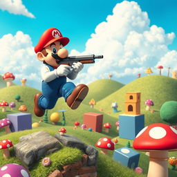 A surreal and whimsical scene inspired by video game art where a character resembling a plumber jumps through a vibrant landscape reminiscent of Super Mario 64