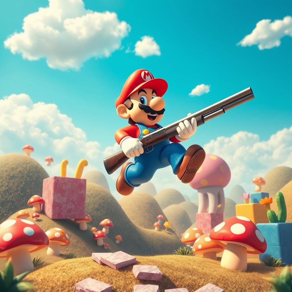 A surreal and whimsical scene inspired by video game art where a character resembling a plumber jumps through a vibrant landscape reminiscent of Super Mario 64