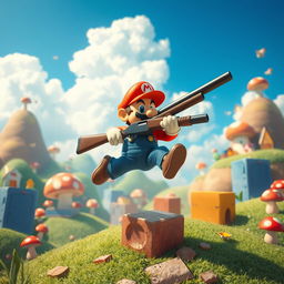 A surreal and whimsical scene inspired by video game art where a character resembling a plumber jumps through a vibrant landscape reminiscent of Super Mario 64