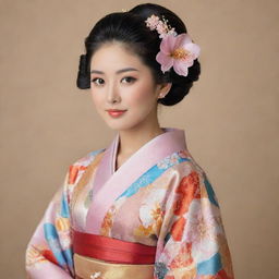 A traditional Japanese woman dressed in an exquisite, colorful kimono adorned with intricate floral patterns. The woman has youthful features, with almond-shaped eyes, soft black hair styled in a chignon, radiating a sense of serenity and elegance.